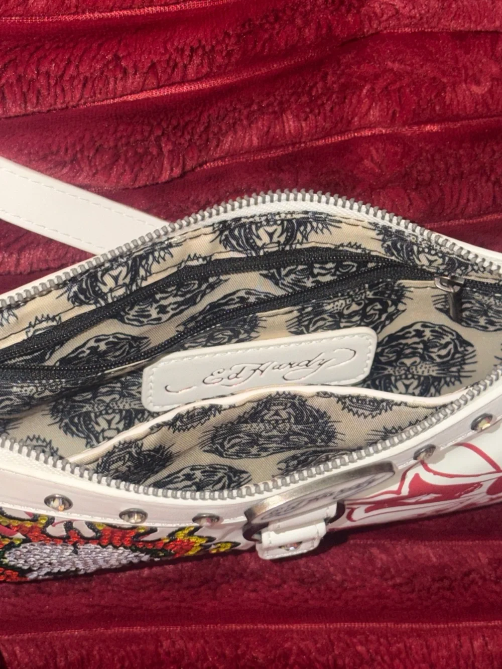Ed Hardy White Shoulder Bag with Red Graphic and Crystal Skull Patch